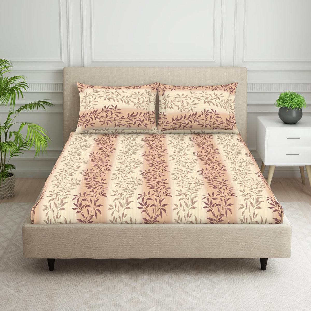King Size Double Bedsheet 2 Matching Pillow Cover - 108 X 108 Inches, Light Brown & Beige | Durable & Long Lasting Wrinkle Resistant Fabric - All Season Comfort