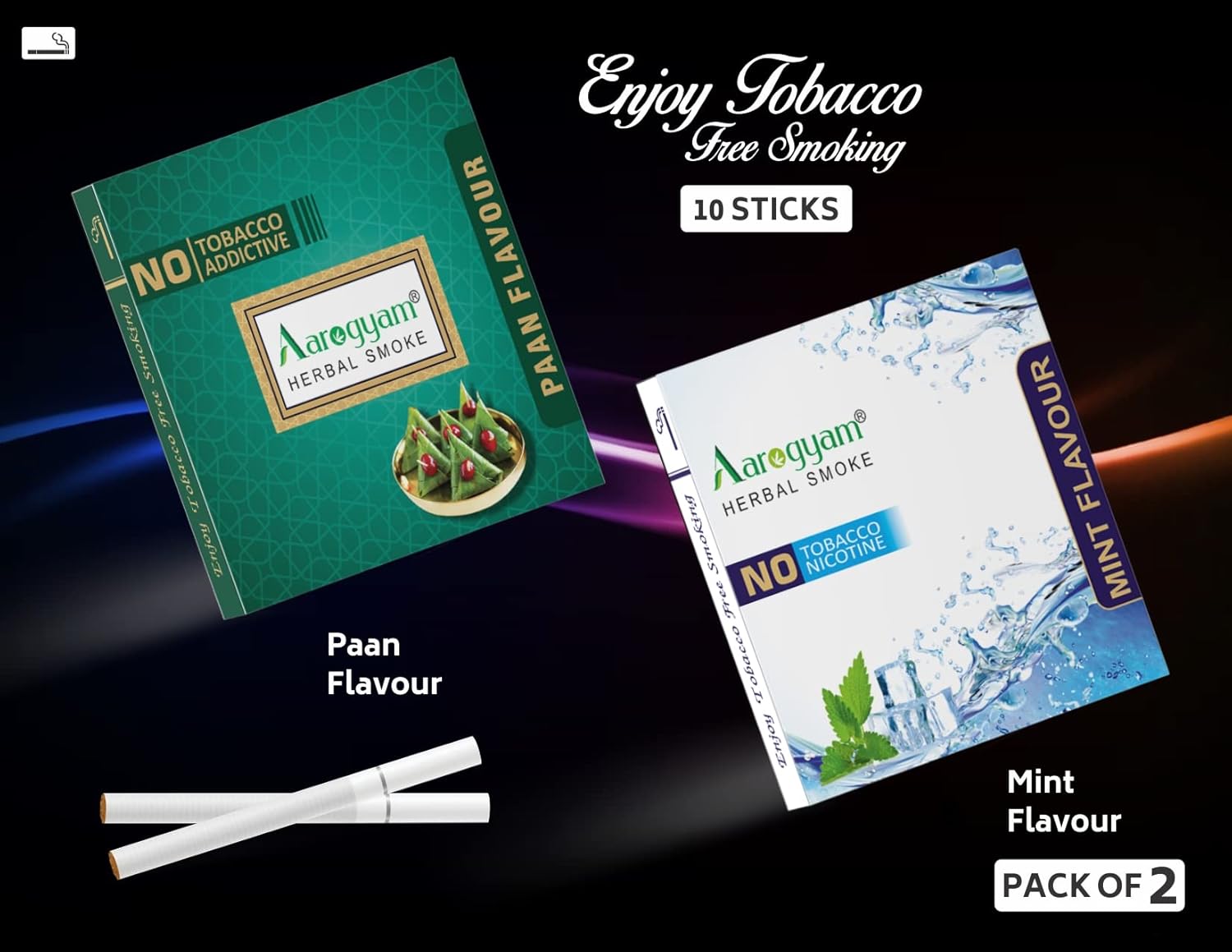 Aarogyam Herbals Pack Of 2 Flavours 100% Tobacco & Nicotine Free Cigarette For Relieve Stress & Mood Enhance Product Mint, Paan - 10 Sticks X 2 Packets
