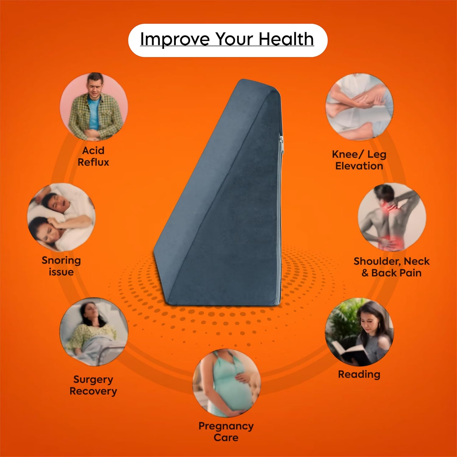 Wedge Pillow Memory Foam For Pain Relief, Grey - 18 L X 17.5 W X 11 H Inch | Wedge Cushion, For Back Support, Acid Reflux, Snoring, Gerd, Leg Elevation, Pregnancy | Removable Velvet Cover