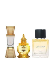 Ajmal Aura 10ml 0.3 Fl.oz. + Mukhallat Al Wafa Concentrated Perfume 12ml 0.4 Fl.oz. + Aretha Eau De Parfum 50ml 1.6 Fl.oz. | Combo Of 3