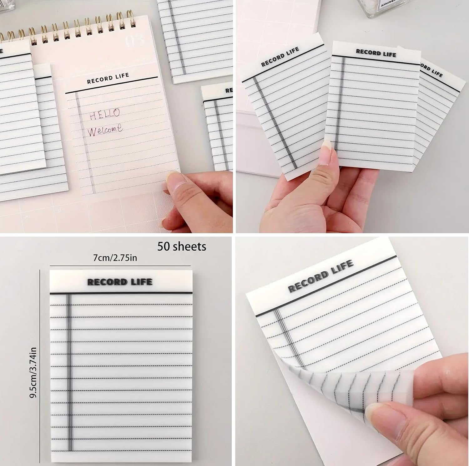 50 Sheets Sticky Notes, Clear Waterproof Self Adhesive Notebook Lined & Grid Sticky Notes