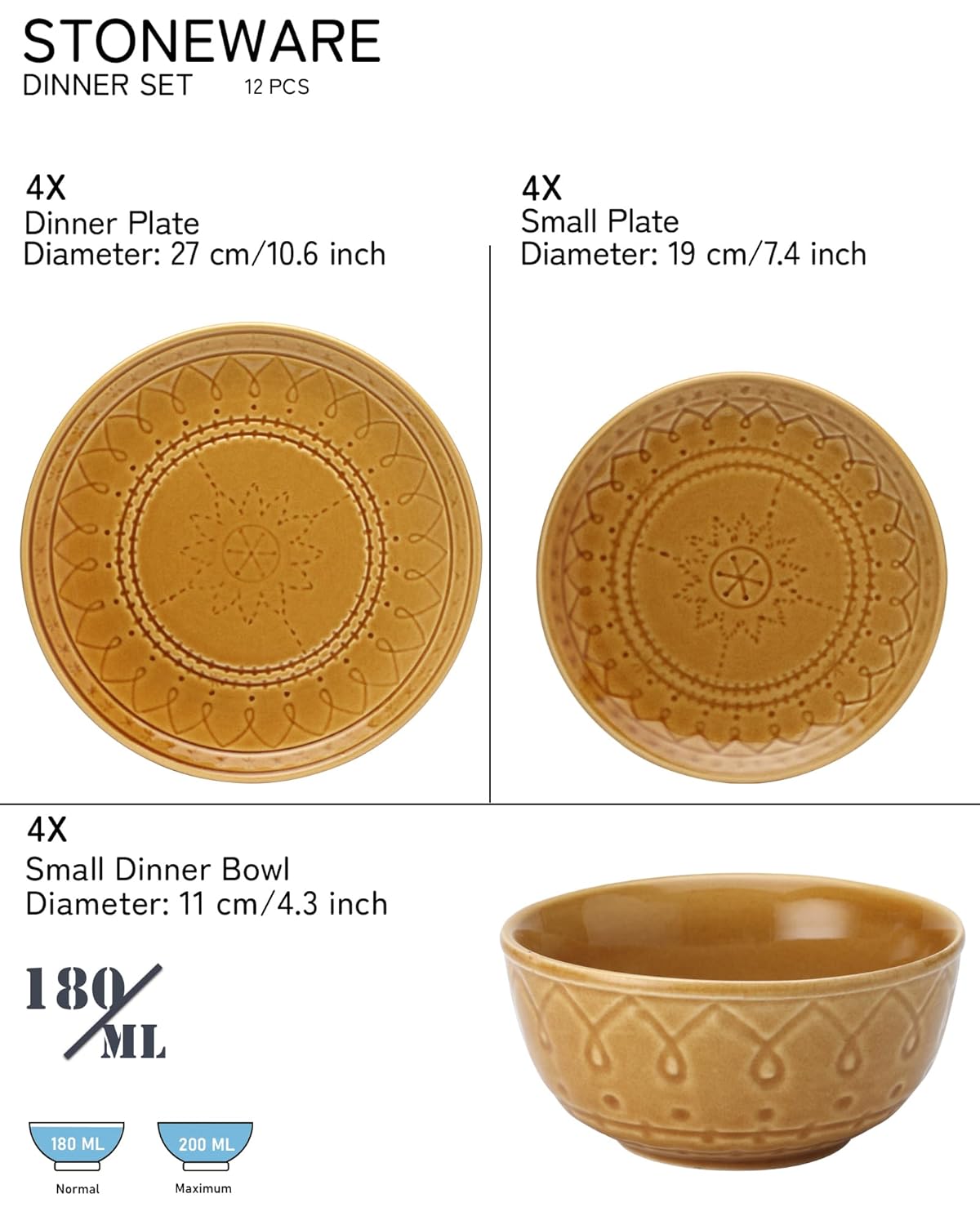 Handcrafted Stoneware Embossed Ceramic Dinner Set Of 12 Pcs - Golden Brown | 4 Dinner Plates+ 4 Small Plates+ 4 Small Dinner Bowls, 180ml Each | Microwave & Dishwasher Safe - Serving For 4