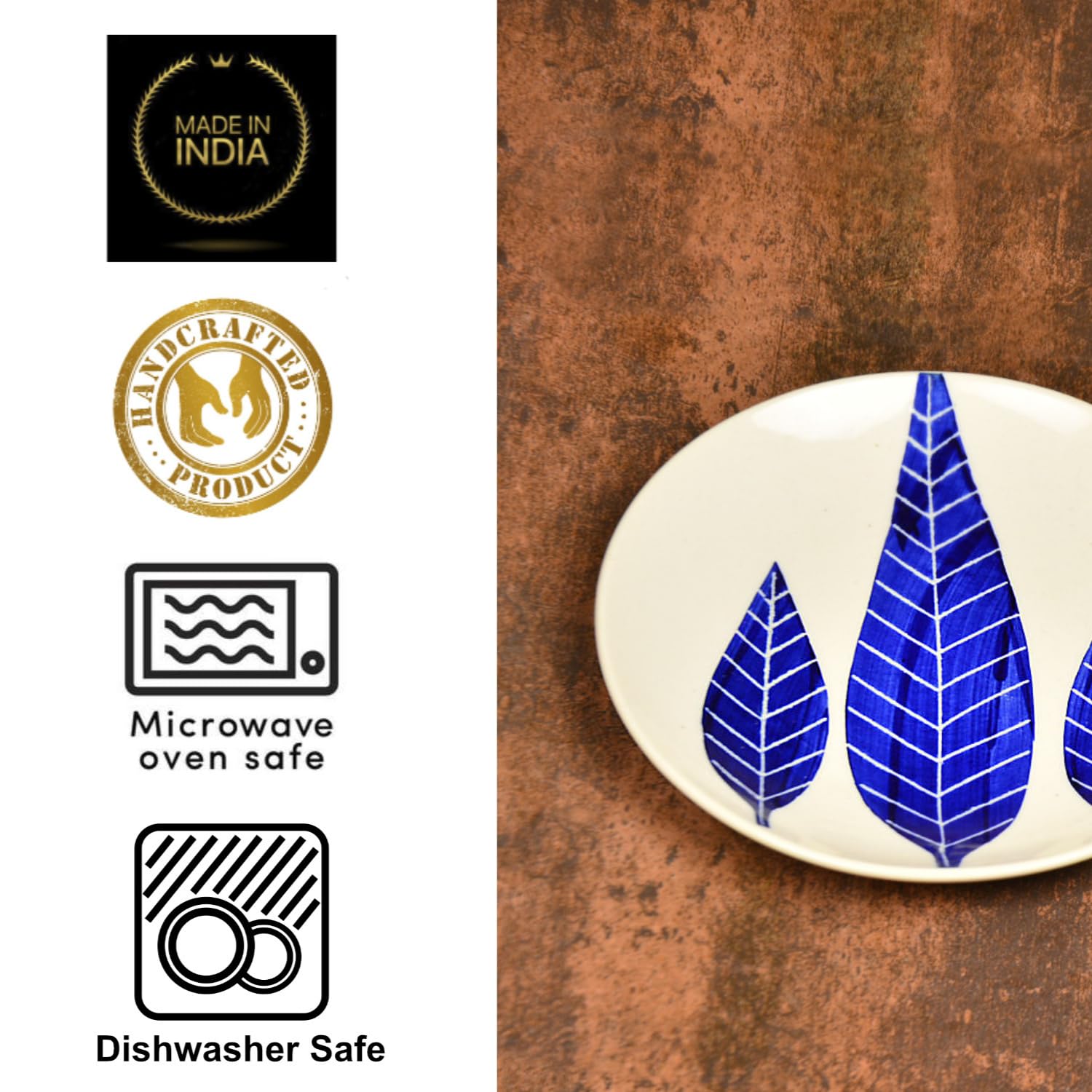 Hand Painted Ceramic Blue Leaf Quarter Plates Set Of 6 - 7 Inches, Blue & White | Dishwasher Safe Small Side Plates - Microwave Safe Snack Plates