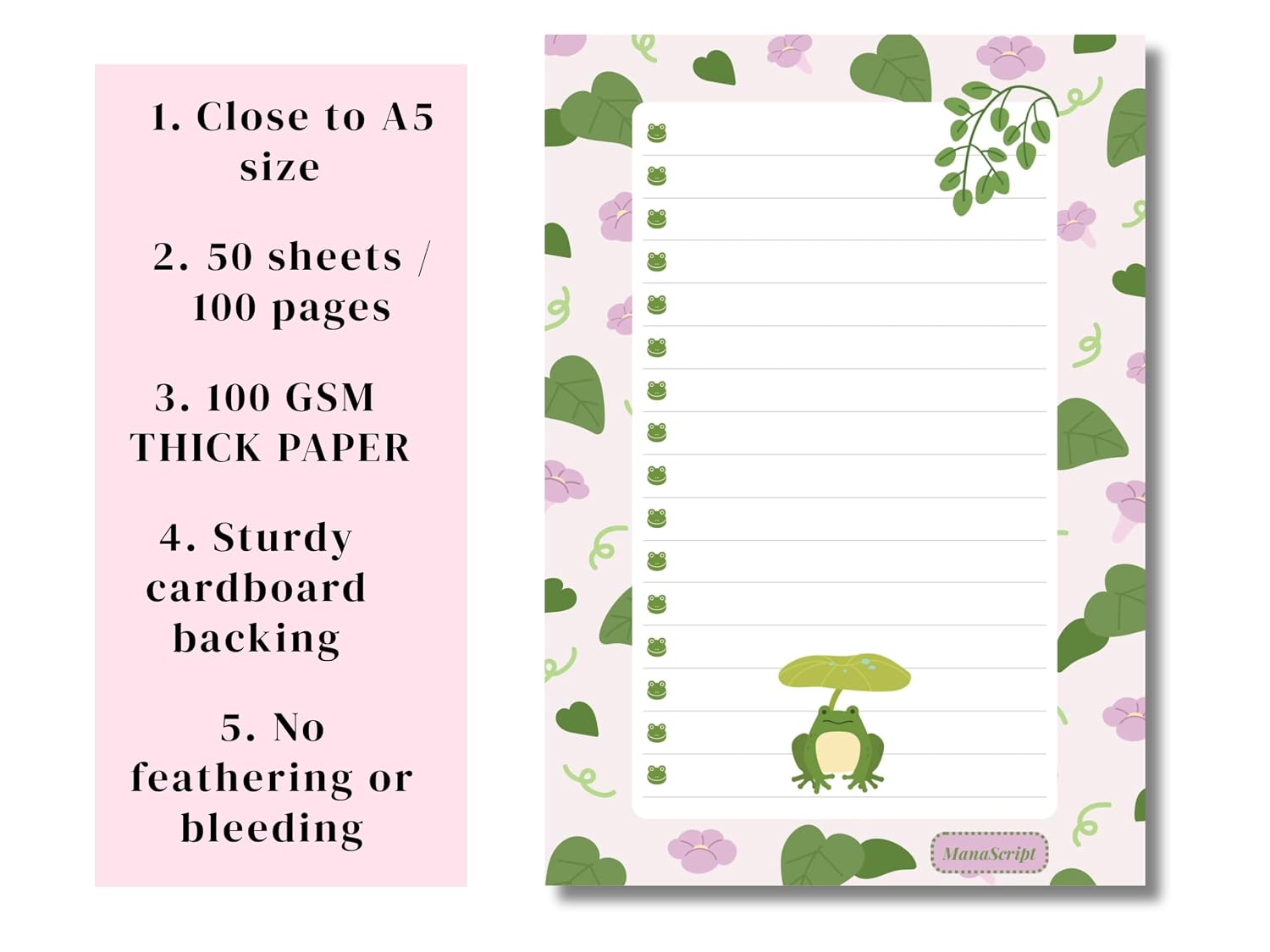 A5 Notes/To Do List Notepad, Beautiful Checklist Pad, Tear-Off Sheets (Frog, Green) Pack Of 1