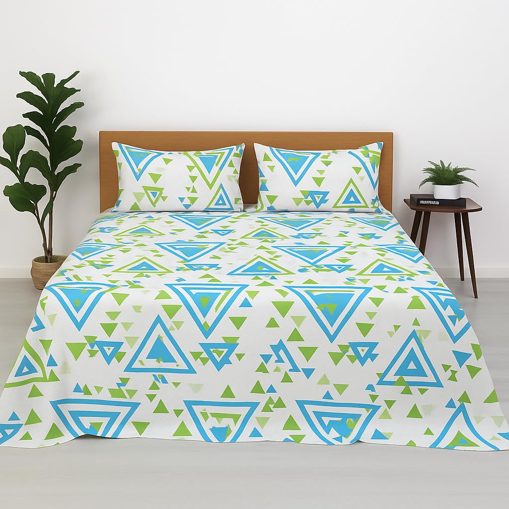 Print King Size Flat Sheet With 2 Pillow Covers - 108 X 108 Inches, Sky Blue & Green | Soft, Breathable & Skin-Friendly Bedding For Daily Use | Machine Washable & Long-Lasting