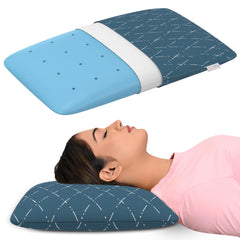 Cool Gel Memory Foam Pillow For Neck Pain & Shoulder Pain, Thin Size - 4 Inch | Orthopedic Pillow For Sleeping, Washable Blue Checks Cover | Compressible, Breathable, Pack Of 1