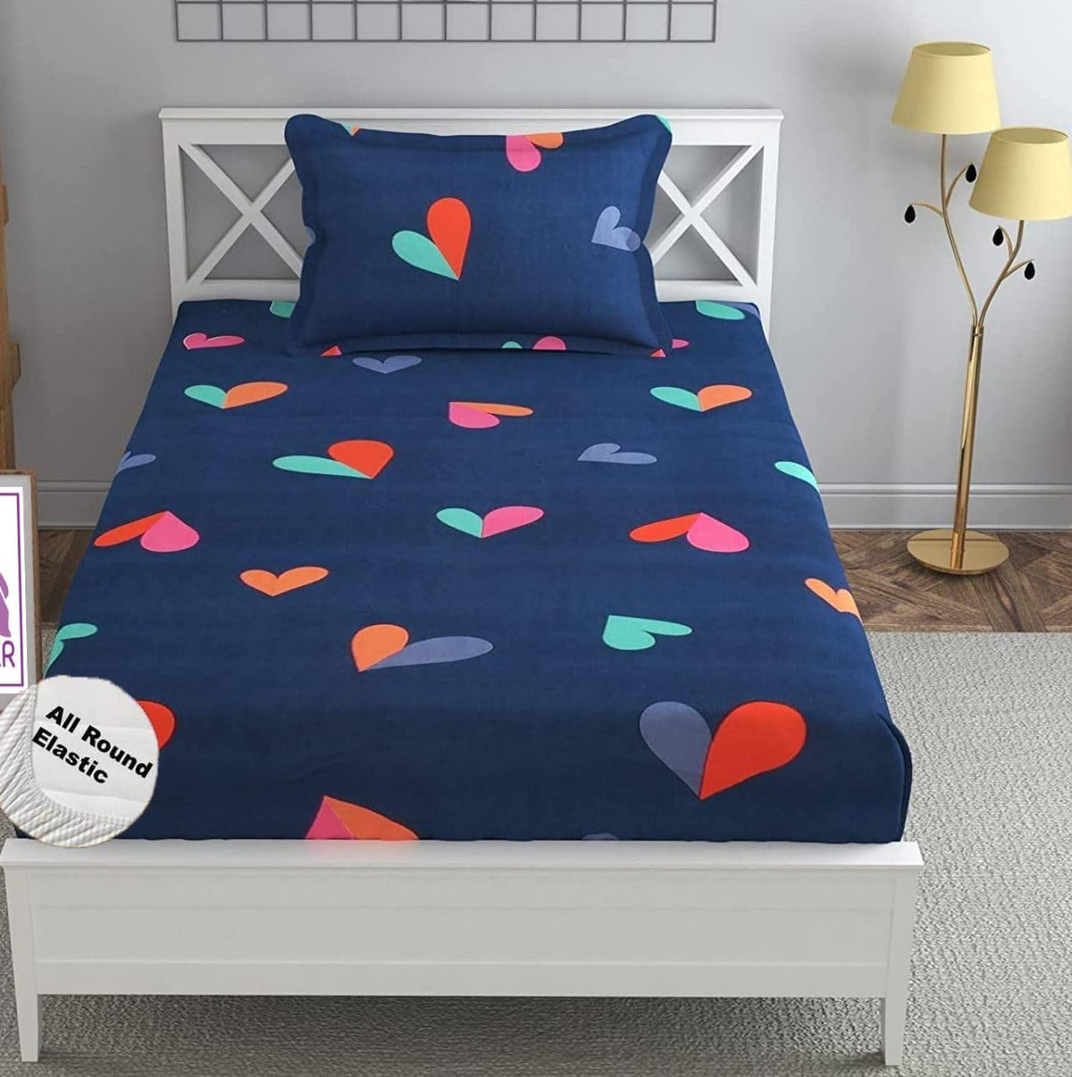 Bedsheet Single Size Elastic Fitted With 1 Pillow Cover - 48 X 72 X 8 Inches, Navy Blue | Soft Touch To Skin | Perfect Ideal For House, Hotel, Guest House Bedsheet