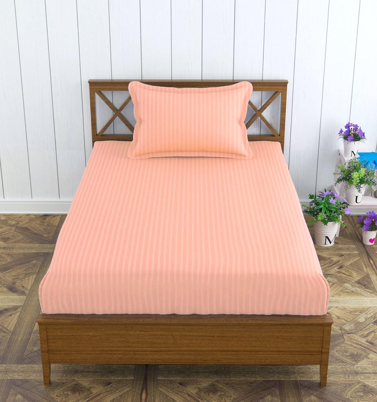 Single Elastic Fitted Bedsheet With 1 Pillow Covers - 30 X 72 Inches, Peach | Breathable & Wrinkle Free, Soft Touch Print Sheet