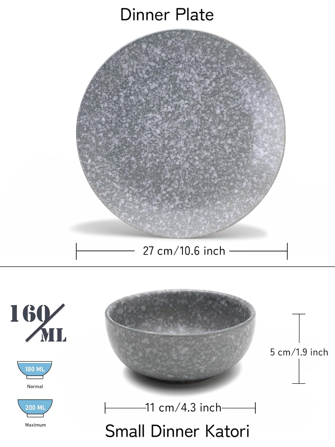 Handcrafted Premium Ceramic Dinner Set - Pack Of 4, Silver Grey | 2 Dinner Plates + 2 Small Dinner Bowl, 160ml Each - Scratch Resistant, Microwave & Dishwasher Safe