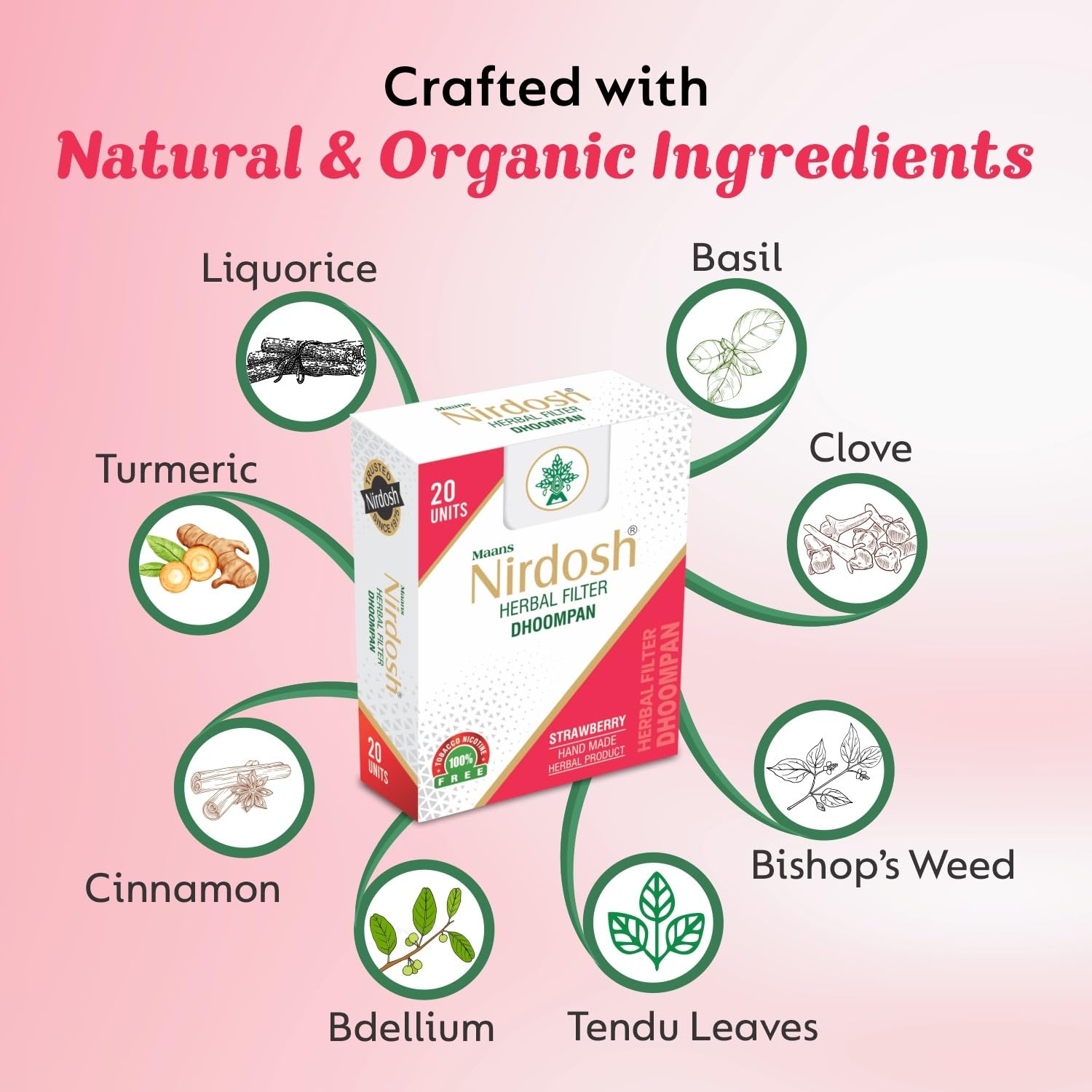 Strawberry Flavored Herbal Filter Dhoompan Sticks - Pack Of 2X 20 Pcs Herbal Cigarette | Bidi Sticks Rolled In Tendu Leaves, Non-Addictive Sticks - Tobacco Free & Nicotine Free