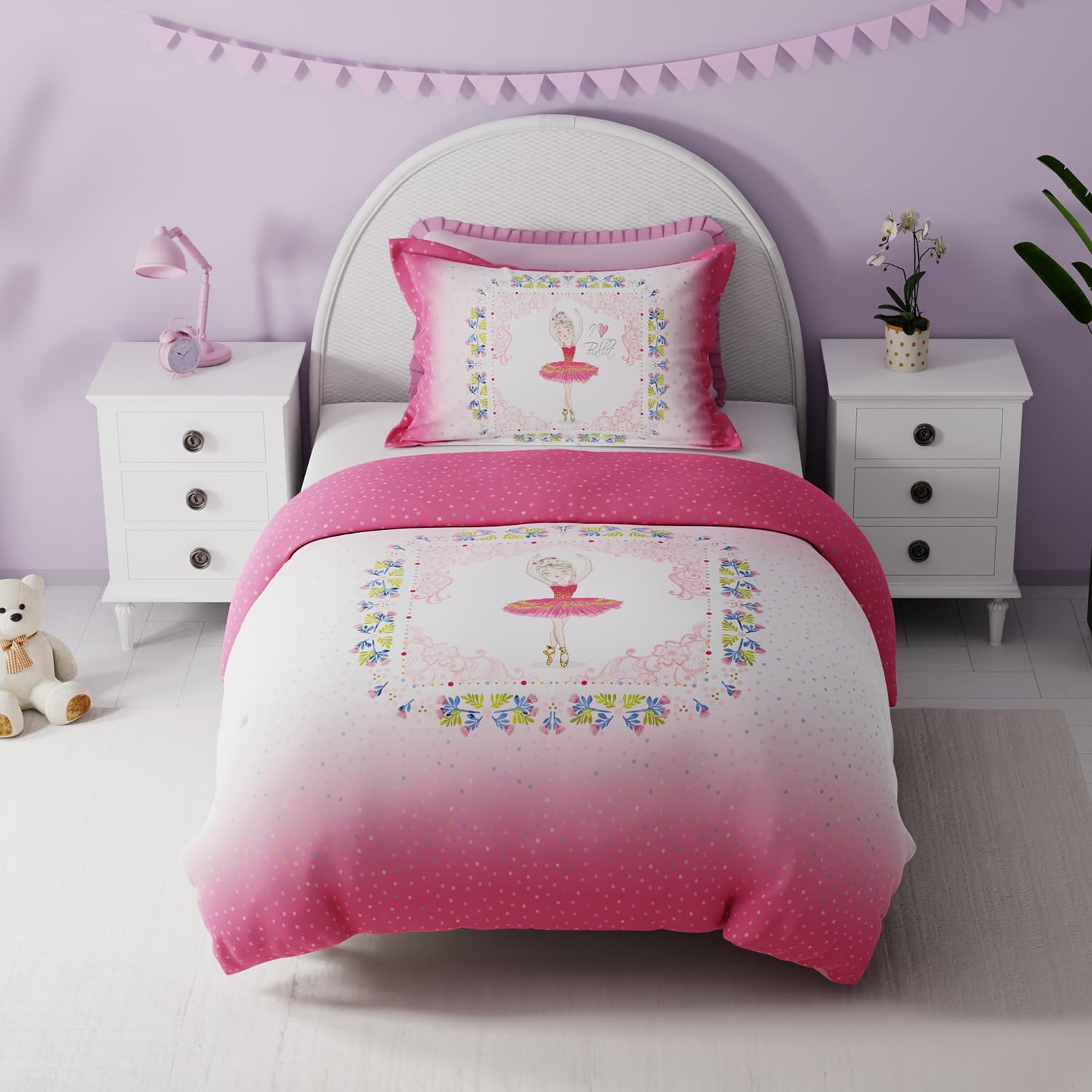 Kids Bedsheet Single Bed With 1 Pillow Covers Little Doll Design - 59x87 Inches, Pink | Fun & Colorful Bed Sheet Set - For Girls & Kids Room