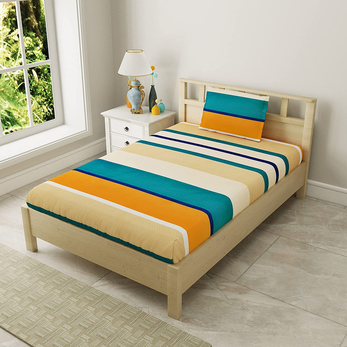 Flat Striped Single Bed Bedsheet With 1 Pillow Cover - 60 X 90 Inches, Multicolor | Durable & Long Lasting Fabric, Easy Hand & Machine Wash