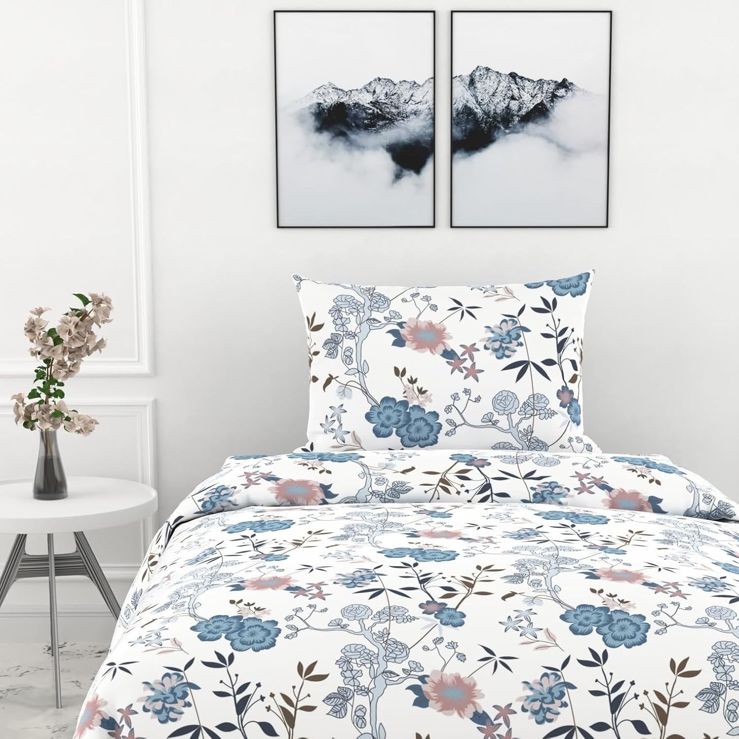 Cotton Bedsheet For Single Bed With 1 Pillow Cover - 54 X 84 Inches, Blue & White | Soft Touch Cotton Fabric-Comfortable & Durable | Elegant Printed Bedding Set For Daily Use