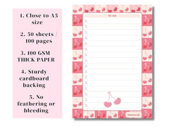 A5 Notes/To Do List Notepad, Beautiful Daily Checklist Pad, Tear-Off Sheets (Cherries) Pack Of 1