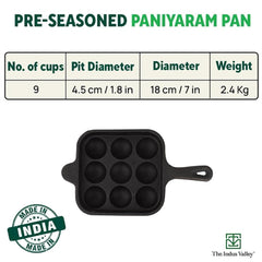 Pre-Seasoned Black Square Cast Iron Paniyaram Pan With Long Handle - 9 Pits, 18cm, 7 Inch, 2.4 Kg | Induction Friendly, Pre-Seasoned Paddu Pan, 100% Pure & Toxin-Free, No Chemical Coating