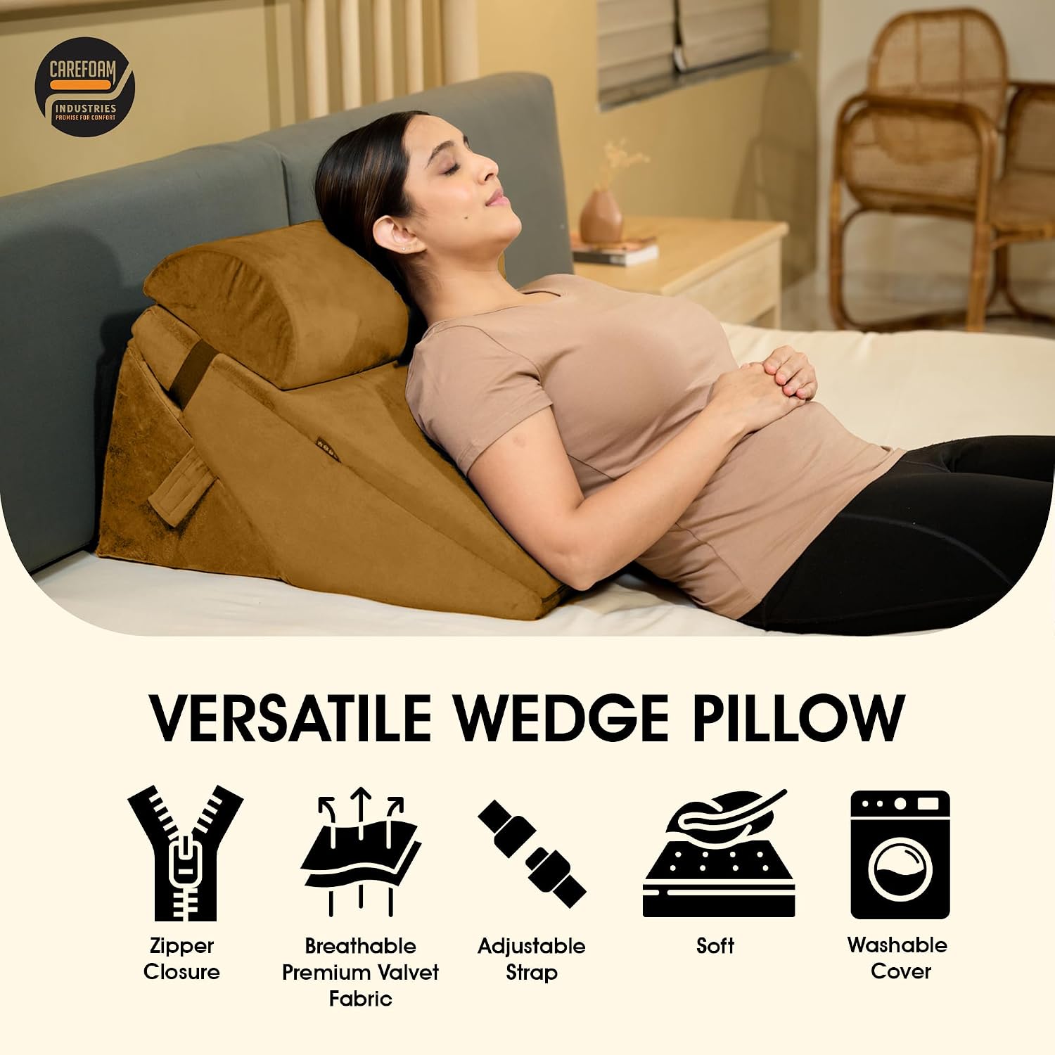 Wedge Pillow For Back Support, Adjustable Wedge Pillow With Headrest, Velvet Tan - 22 X 22 X 12 Inch | Memory Foam Bed Wedge Pillow For Sleeping | Acid Reflux, Gerd, Snoring, Resting
