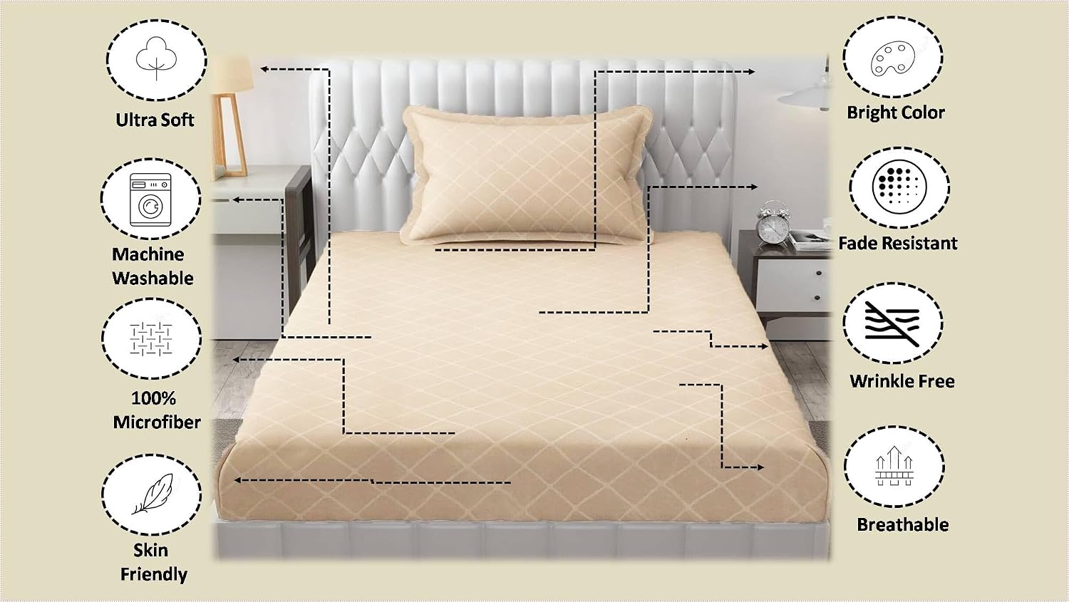 Check Single Bedsheet With 1 Pillow Cover 60 X 90 Inches, Cream | Comfortable & Durable | Elegant Printed Bedding Set For Daily Use
