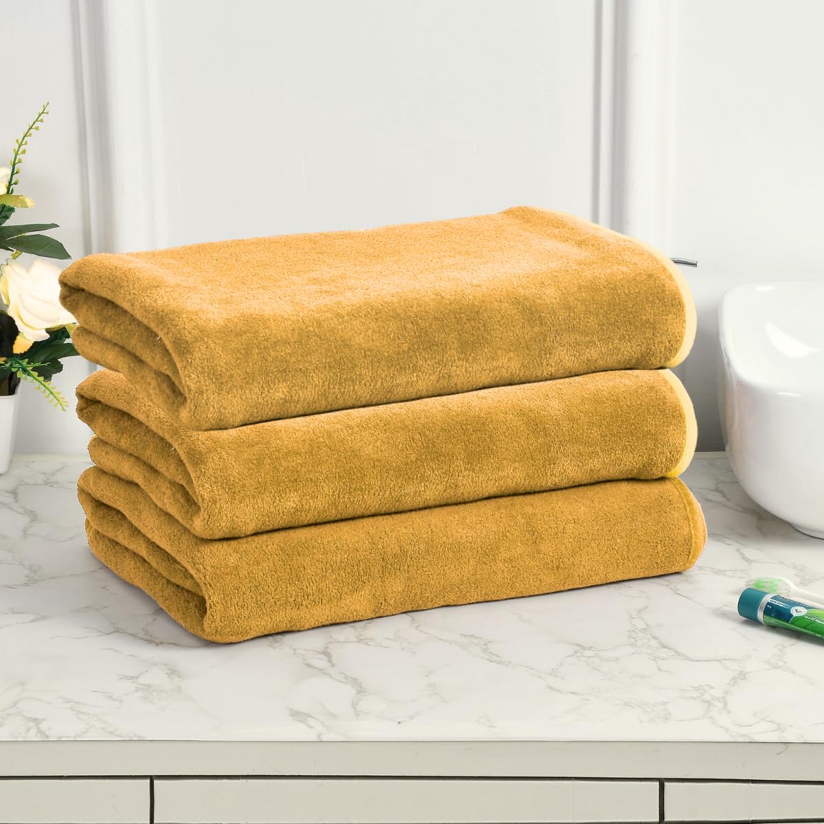 Black Gold The Finer Touch Microfiber Bath Towels 1500 Gsm | Super Absorbent, Lightweight, Ultra-Soft, Fade Resistant (Yellow) - Pack Of 3