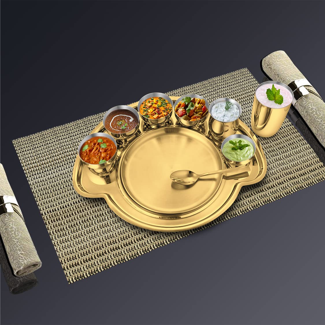 Nifty High Grade Stainless Steel Thali Set With PVD Coating, Gold | 5 Katoris+ 1 Glass+ 1 Quarter Plate+ 1 Full Plate+ 1 Dessert Spoon