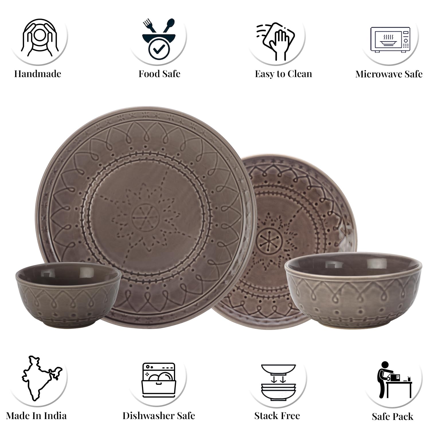 Handcrafted Stoneware Ceramic Dinner Set Of 14 Pcs With Serving Bowl Set - Ash Grey | 4 Dinner Plates+ 4 Small Plates+ 4 Small Bowls, 180ml Each+ 2 Serving Bowls, 1000ml Each