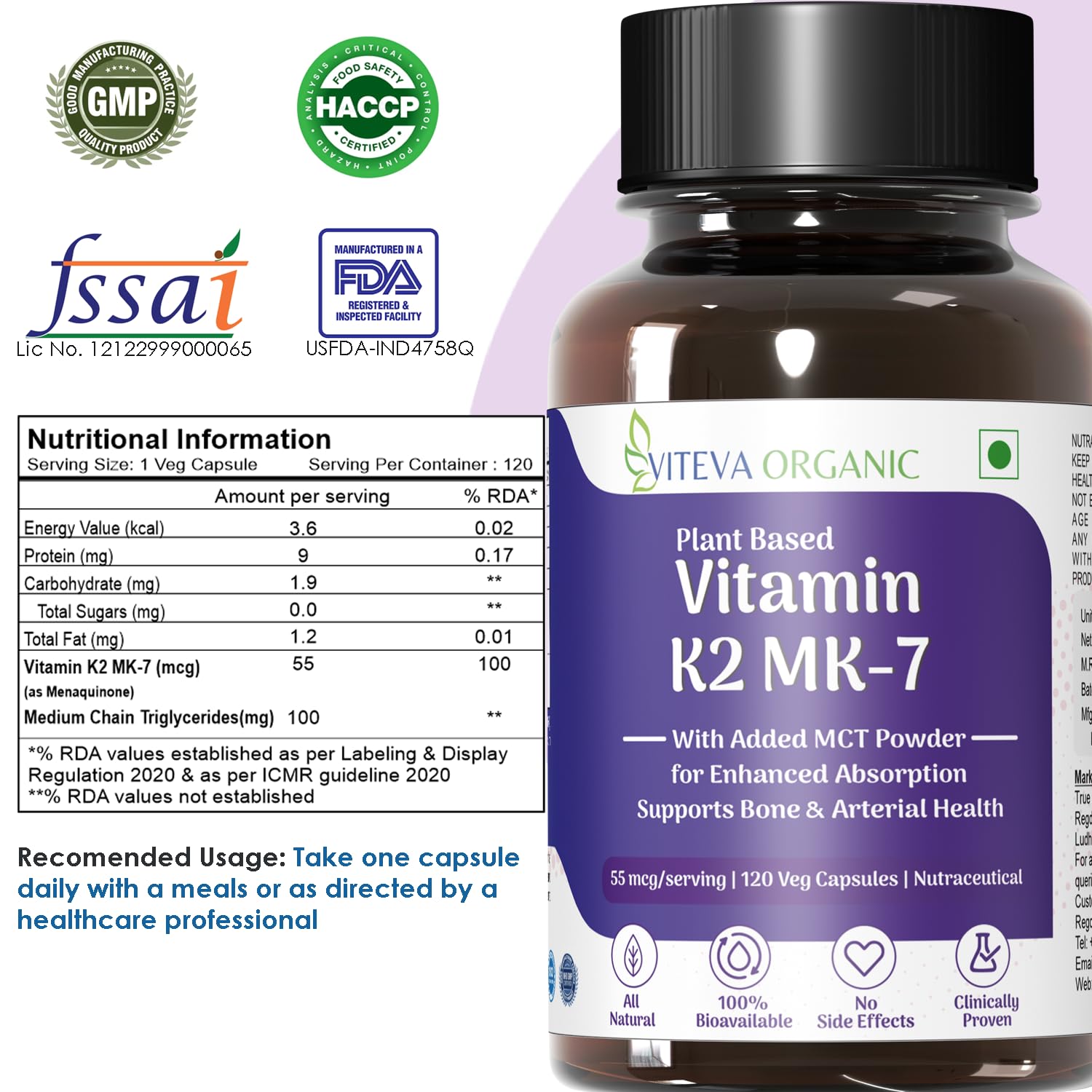 Viteva Organic Vitamin K2 , 100% Vegetarian Plant Based Vitamin K2 Mk - 7 With Mct Powder, For Optimal Calcium Absorption Benefits In Bone Health - 55mcg | 120 Veg Capsules , 200gm 0.4lbs
