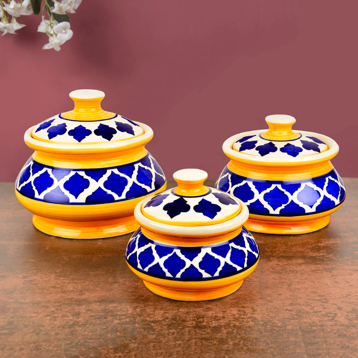 Hand Painted Ceramic Handi Set With Lid Set Of 3 - 1900ml, 1200ml & 650ml, Blue & Yellow | Dinner Serving Bowls - Biryani Handis, Serving Pots