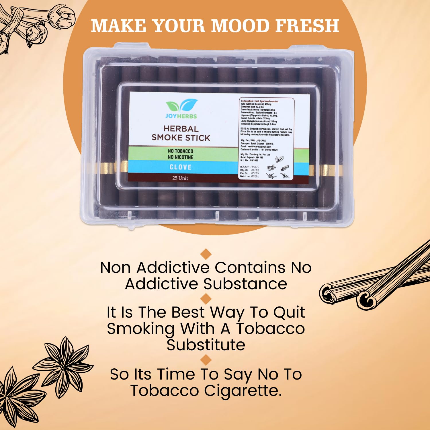 Ayurvedic Herbs Cigarettes, Non Addictive Pack Of 25 Sticks King Size | Cigarette Alternatives - Herbal Cigarette Clove Flavour No Tobacco & Non Nicotine