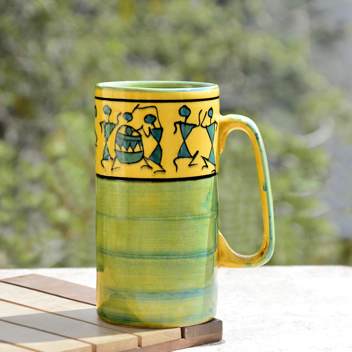 Ceramic Hand-Painted Worli Art Tall Beer Mugs Set Of 2 - 450ml Each, Green & Golden | Large Beer Glasses - Big Milk Mugs