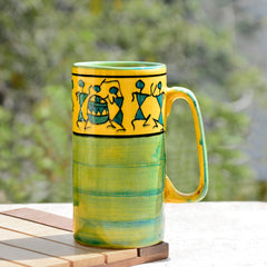 Ceramic Hand-Painted Worli Art Tall Beer Mugs Set Of 2 - 450ml Each, Green & Golden | Large Beer Glasses - Big Milk Mugs