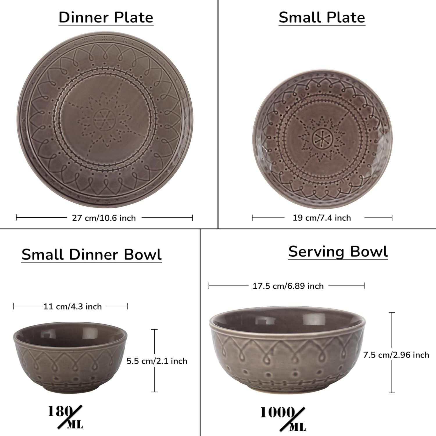 Handcrafted Stoneware Ceramic Dinner Set Of 14 Pcs With Serving Bowl Set - Ash Grey | 4 Dinner Plates+ 4 Small Plates+ 4 Small Bowls, 180ml Each+ 2 Serving Bowls, 1000ml Each