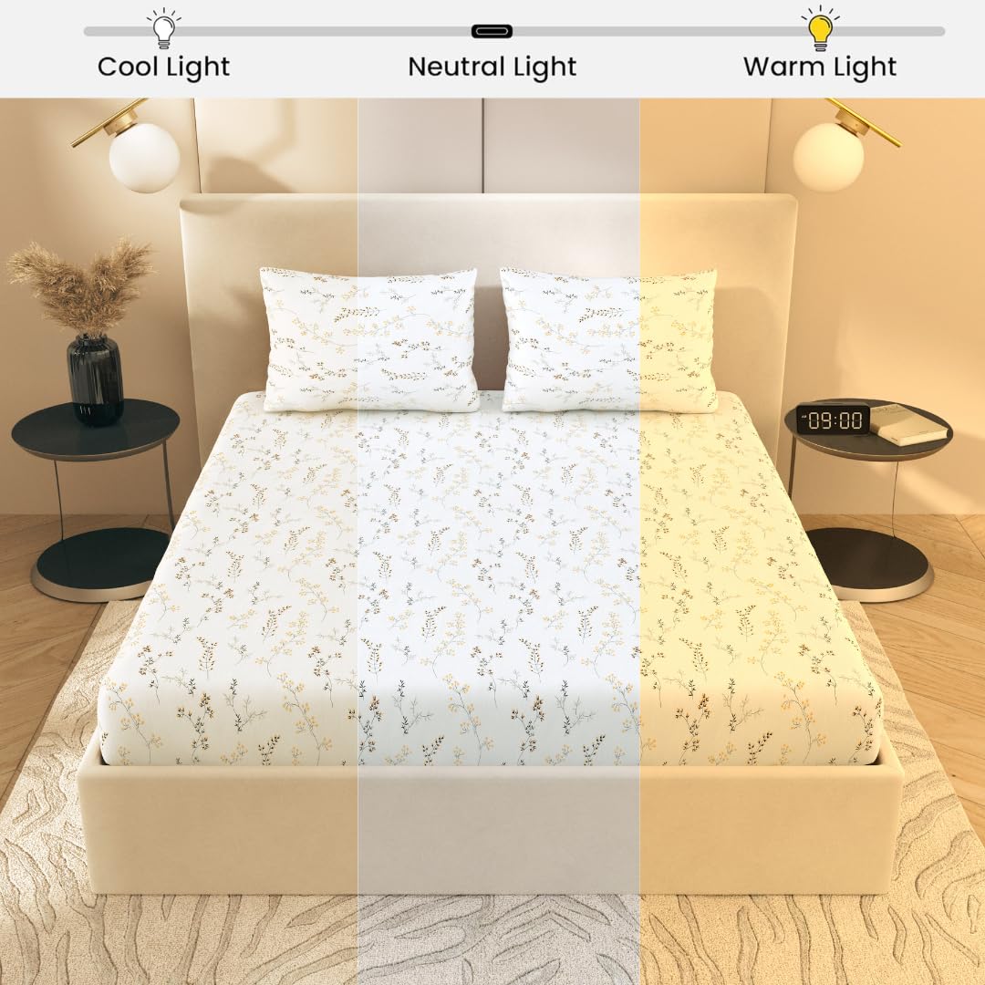 Super King Pure Cotton Bedsheet With 2 Pillow Covers | 108 × 108 Inches, White & Yellow | Soft Breathable Floral Design Bedding | Comfortable Sleep All Year
