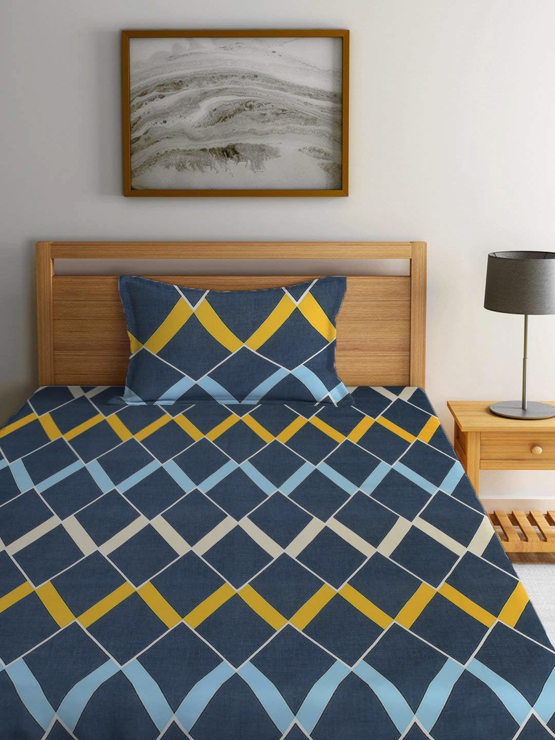 Printed Single Bedsheet Size With 1 Pillow Cover - 60 X 90 Inches, Navy Blue | Cotton Wrinkle Free Soft, Breathable | Durable & Long-Lasting
