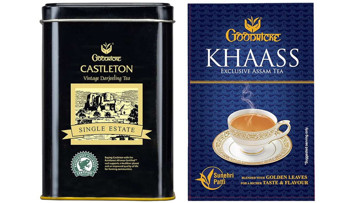 Goodricke Combo Pack - Castleton Vintage Darjeeling Tea + Khaass Assam Tea Pack Of 2 X 250gm, 8.8 Ounce Each | Low Caffeine Loose Leaves