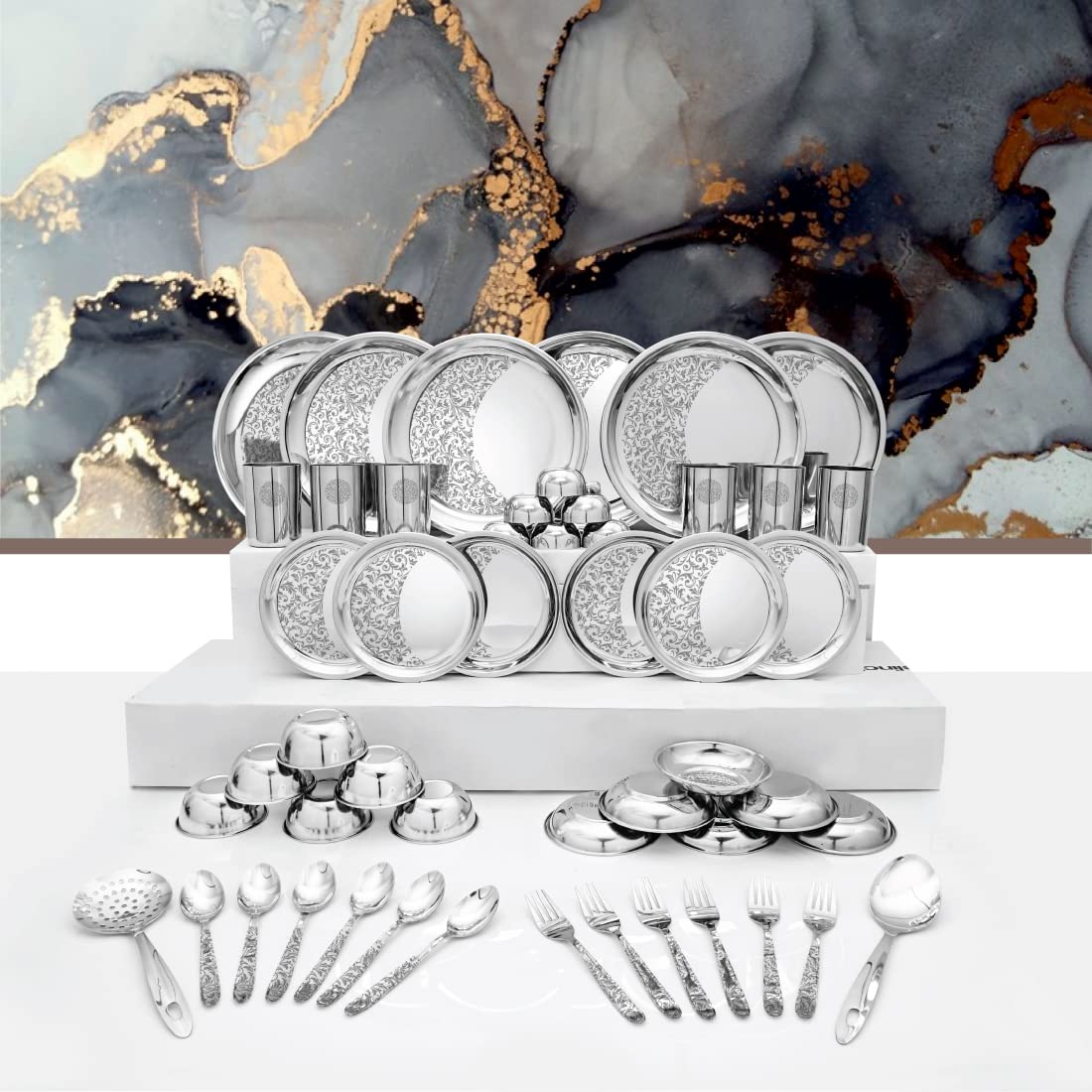 Designer Stainless Steel Delight Laser Bloom Dinner Set Of 50 Pieces, Silver | Easy To Clean & Dishwasher Safe