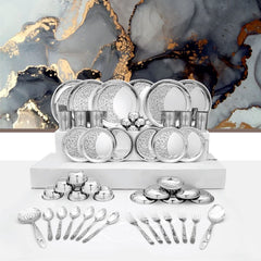 Designer Stainless Steel Delight Laser Bloom Dinner Set Of 50 Pieces, Silver | Easy To Clean & Dishwasher Safe