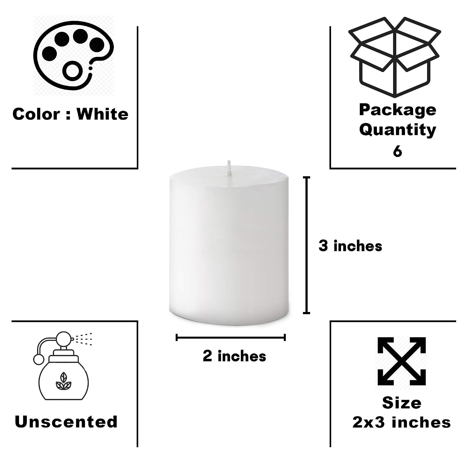 PILLAR CANDLES 3 INCH WHITE UNSCENTED CANDLES | BURNING TIME 35 HOURS | SET OF 6