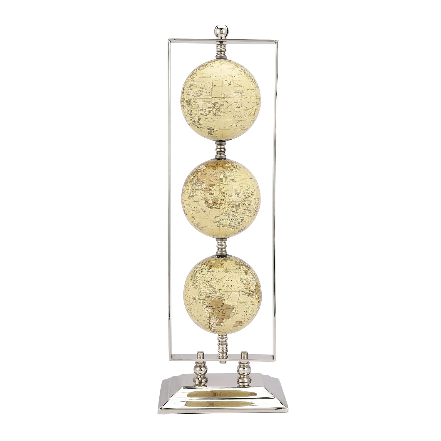 Handcrafted Vertical Triple Golden Globe Stand Decorative, Accessories For Table, Desk For Showpiece, Office Shelves, Bedroom & Gifting (Cream Silver) Set Of 3 Globes In 1