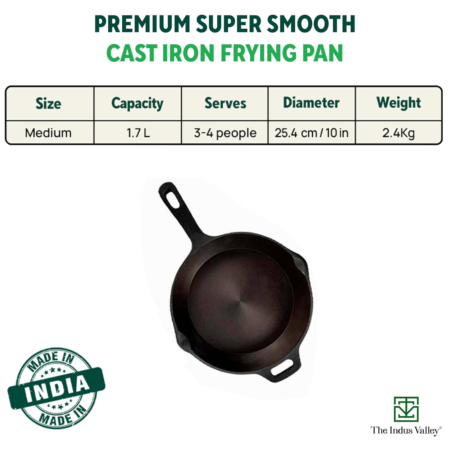 Super Smooth Black Cast Iron Skillet Fry Pan With Free Wooden Spatula - Medium, 25.4cm, 10 Inch, 1.7 Liters, 2.4 Kg | Induction Friendly, Naturally Nonstick, 100% Toxin Free, No Chemical Coating