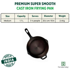 Super Smooth Black Cast Iron Fry Pan Or Skillet With Free Iron Tadka Pan - Medium 25.4cm, 10 Inch, 1.7 Liters, 2.4 Kg | Induction Friendly, Nonstick, Pre-Seasoned Fry Pan,100% Pure & Toxin Free