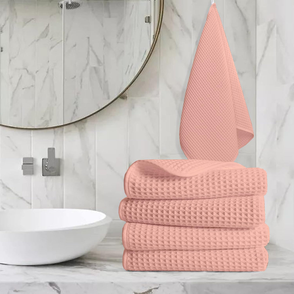 Enchant Home Pure Cotton Waffle Towel 500 Gsm | Lightweight Anti-Microbial & Water Absorbent Soft Touch Quick Drying Hand Towels | Peach (Pack Of 4)