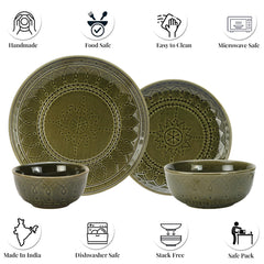 Handcrafted Stoneware Ceramic Dinner Set Of 14 Pcs With Serving Bowl Set - Moss Green | 4 Dinner Plates+ 4 Small Plates+ 4 Small Bowls, 180ml Each+ 2 Serving Bowls, 1000ml Each