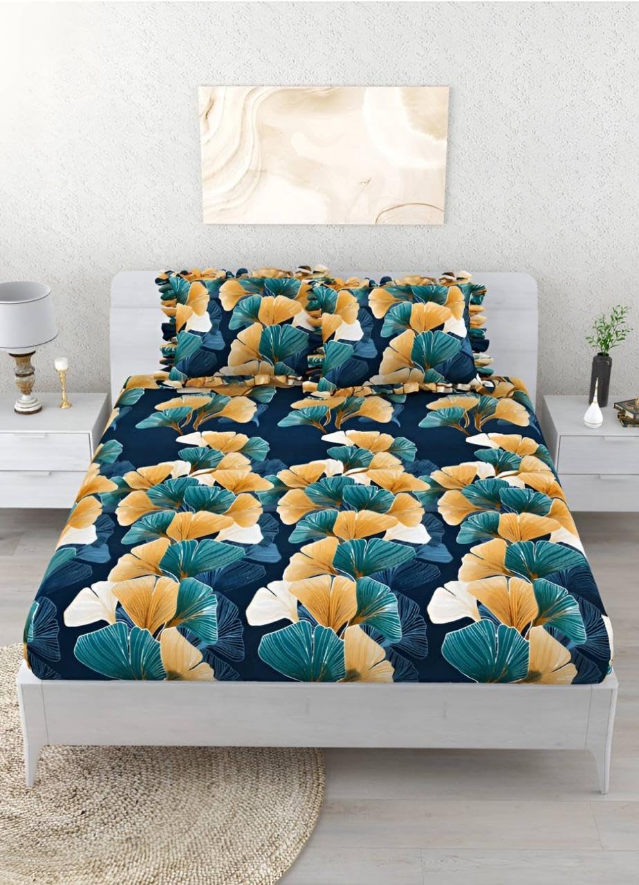 Premium Heavy King Size Bedsheet With 2 Frill Pillow Covers | 72 X 78 Inches, Blue | Double Bed, All-Around Elastic Fitted | Luxurious Comfort & Durability