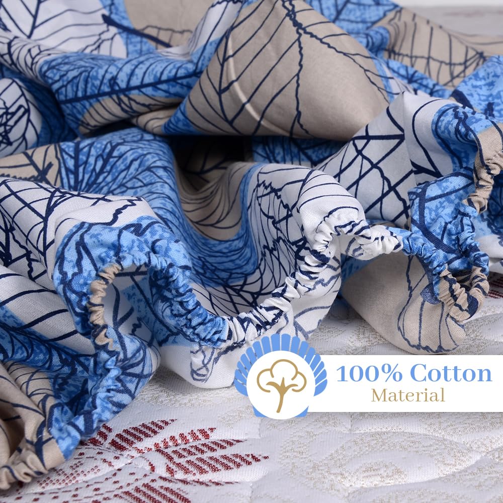 Double Bedsheet For Queen Size With 2 Pillow Covers - 60 X 78 Inches, Sky Blue & White | All Around Elastic Fitted Soft, Lightweight & Breathable Cotton Bedsheet