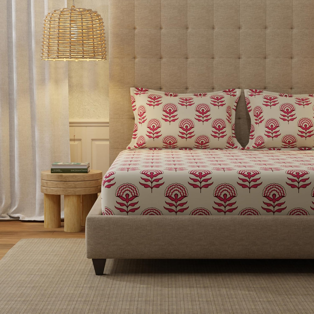 Double Bedsheet For King Size With 2 Pillow Cover - Size 108 X 108 Inches, Cream & Red | Ideal Gifting Choice For Housewarmings, Weddings, Or Anniversaries | Stylish Home Decor Bedsheet