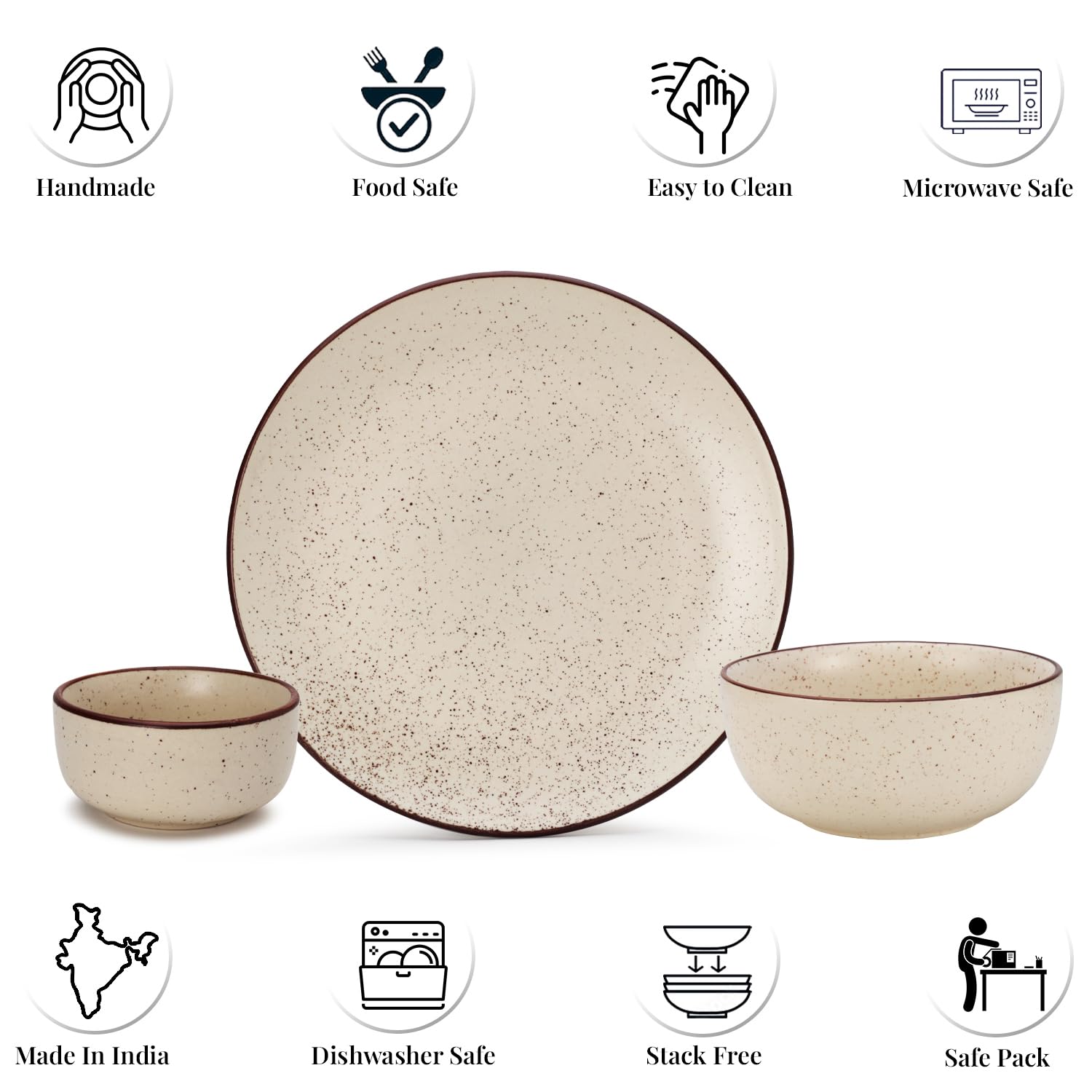 Handcrafted Ceramic Stoneware Dinner Set Of 10 Pcs With Serving Bowl Set - Beige Speckled | 4 Dinner Plates, 10.6 Inch Each + 4 Small Dinner Bowl, 170ml Each+ 2 Serving Bowl, 1000ml Each