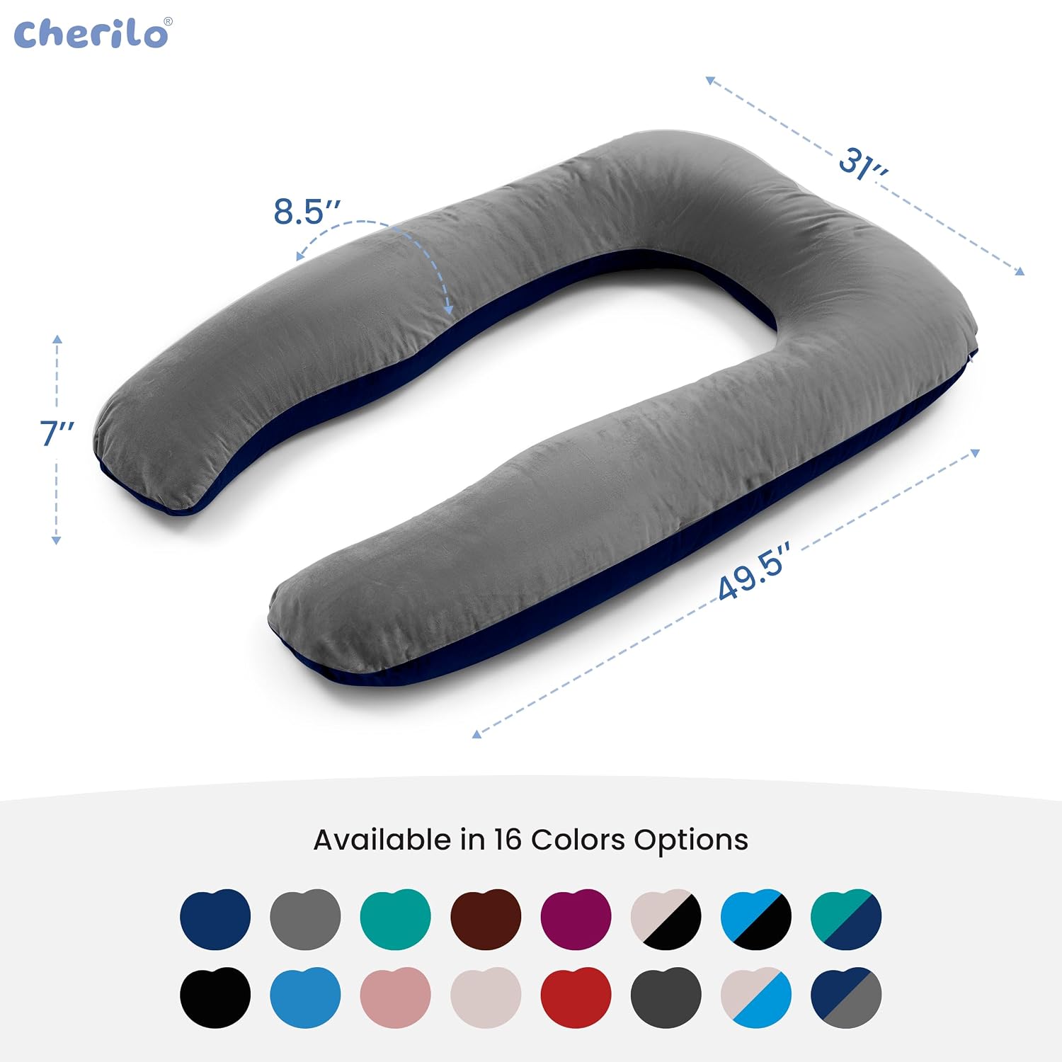 U Shaped Pregnancy Pillow For Pregnant Women & Nursing Mom, Grey & Navy Blue | Full Body Support, Single Pillow For Multipurpose Use, During Maternity | Premium Velvet Outer Cover With Zip