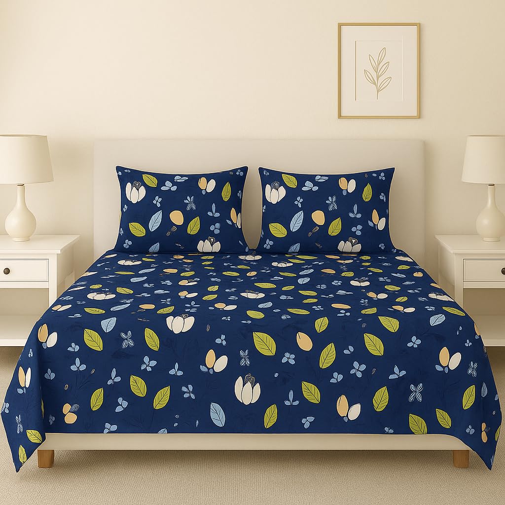 Glace Cotton Flat Double Bedsheets With 2 Pillow Covers | 90 X 90 Inches, Blue & Yellow | Double Bed Breathable | Wrinkle Free & Summer