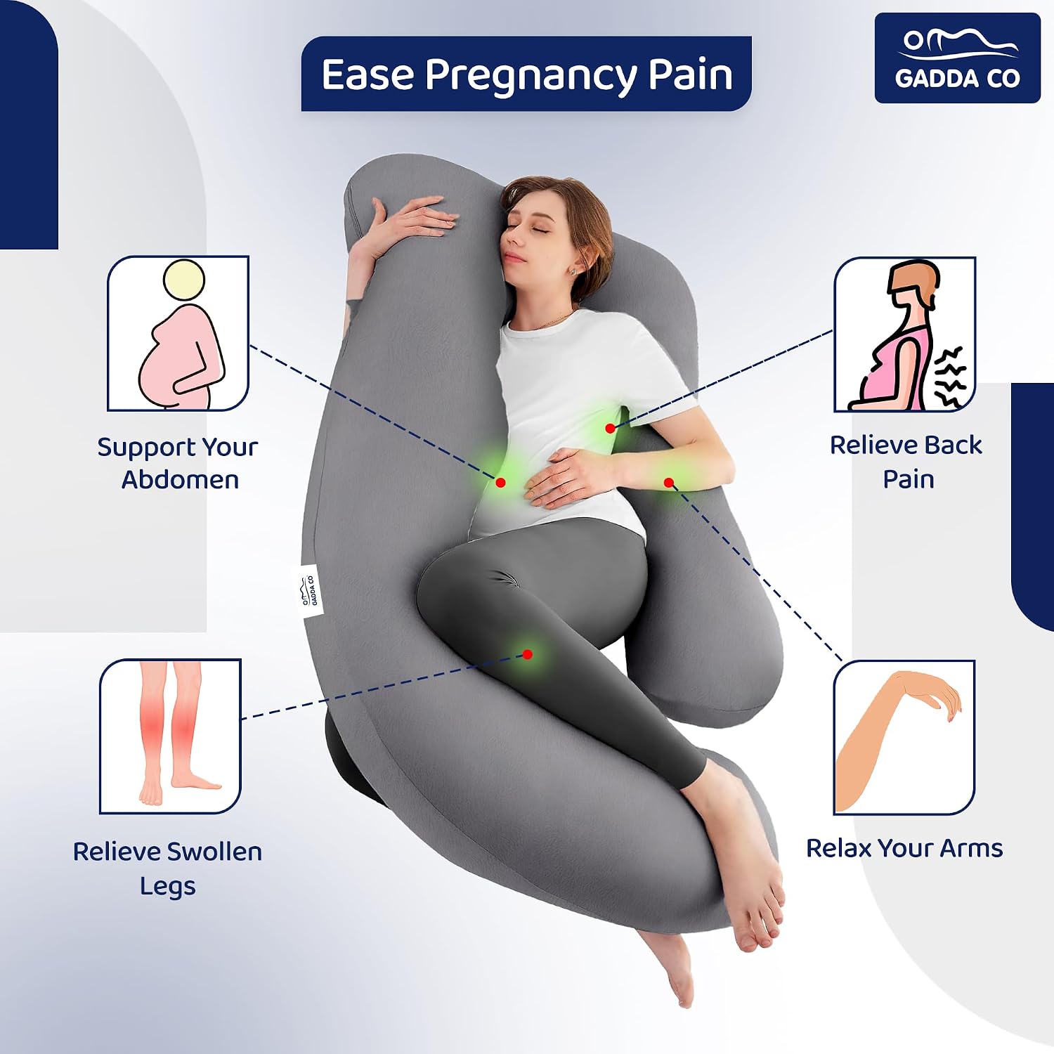 Pregnancy Pillows For Sleeping, J-Shape, Full Body Pillow & Maternity Support, Grey | For Back, Hips, Legs, Belly | For Pregnant Women With Removable, Washable Velvet Cover, Soft Pillow