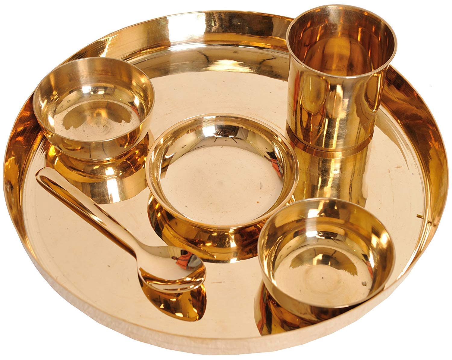 Bronze 6 Pieces Dinner Thali Set - Bronze Kansa Utensil | Handmade Dinner Set - 1 Thali+ 2 Katoris+ 1 Halwa Plate+ 1 Spoon+ 1 Glass