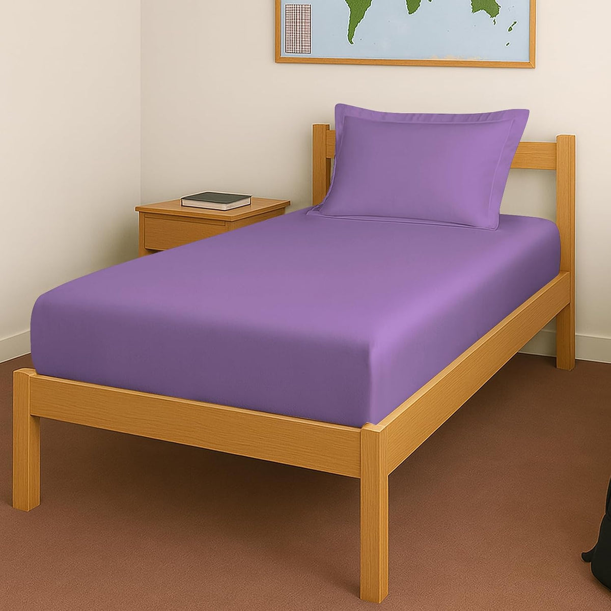 Elastic Fitted Bedsheets Single Bed With 1 Pillow Cover 40 X 78 Inches, Purple | 400 Thread Count Long Staple Cotton Sateen